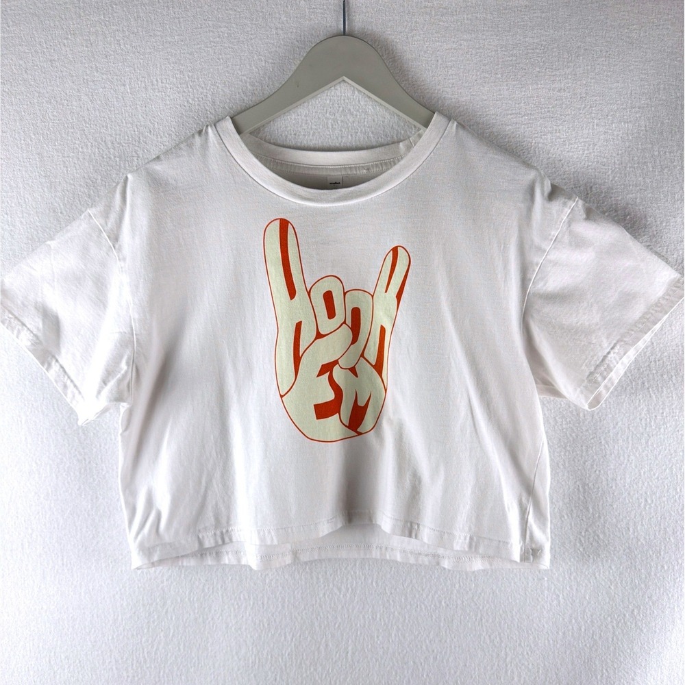 Womens Hook Em Horns Graphic Crop Top White Orange University of Texas T-Shirt M